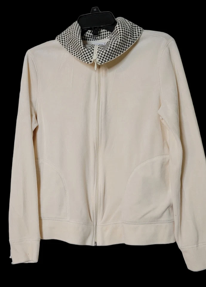 Kim Rogers Marfil Pata de Gallo Borde Terciopelo Calentamiento Chaqueta Cremallera Frontal PEQUEÑA Informal Foto 2 de 4