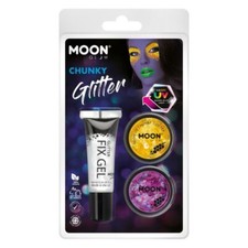 Moon Glow Neon UV Chunky Glitter 2 Colour 3g with Fix Gel Costume Make Up Set
