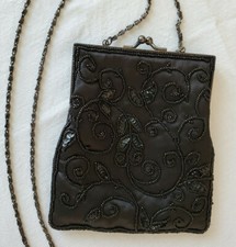 Black Formal Bag Clutch Purse Beaded Sequins Filigree Pattern Kiss Lock Clasp