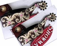 Antique Brown Steel Show western Spurs pink crystal Silver Engrave Adult Showman