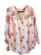 Lucky Brand Floral Peasant Blouse 1X Cream Red Blue Boho Split Neck Top