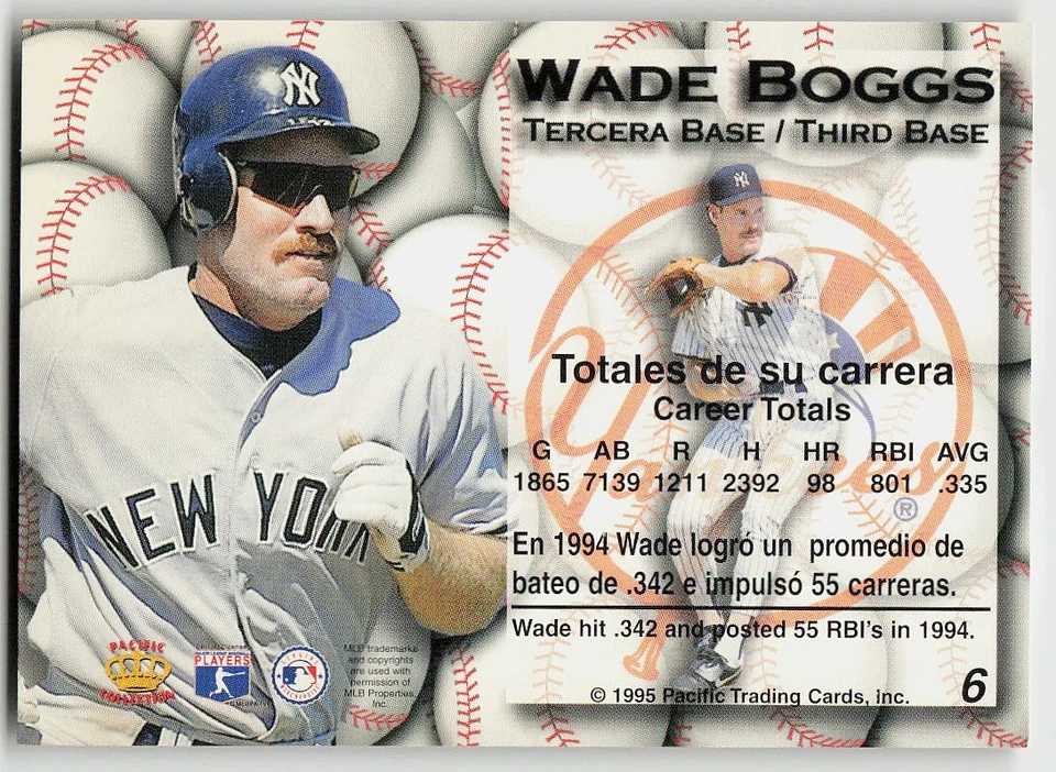 1995 Pacific #6 Wade Boggs BASEBALL New York Yankees - Image 2 of 2