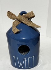 Rae Dunn Blue Tweet Round Birdhouse With Burlap Ribbon