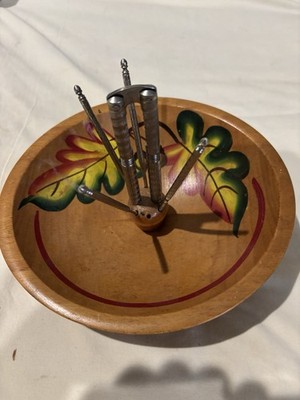 Vtg Footed Wooden Nut Bowl Hand Painted Acorn Leaf Design Nutcracker & 4 Picks