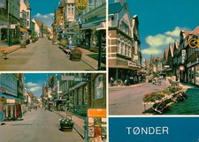 Tarjeta postal Tonder Dinamarca 1985 escena callejera Gågaden matasellada usada
