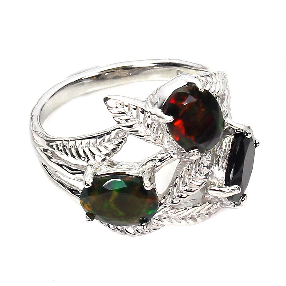 Anillo de plata de ley 925 ovalado ópalo negro 8x6 mm piedras preciosas naturales joyería tamaño 8,5 Foto 3 de 4