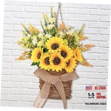 Door Hanger Basket Wreath, 15.7 Inch Hanging Sunflower Wreath, Yellow