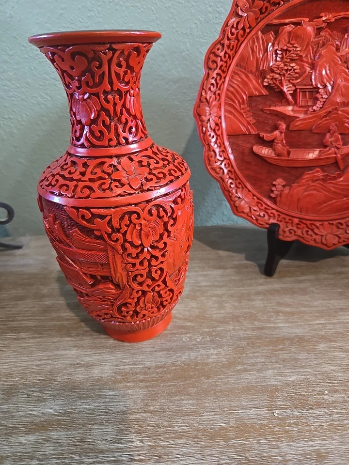 Jarrones y plato de cinabrio rojo tallado en laca china vintage. Leer descripción  Foto 3 de 4