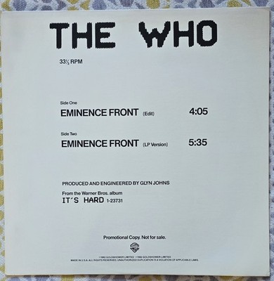 THE WHO - EMINENCE FRONT 2 VERSIONS 12 INCH 1982 USA PROMO SINGLE, MINT