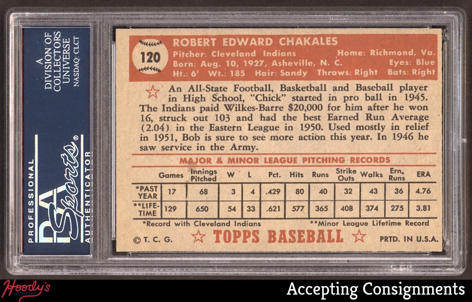 1952 Topps #120 Bob Chakales RC ROOKIE INDIANS PSA 4 VG/EX view 2