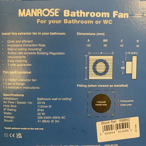 BNIB Manrose 168550 Humidistat Quiet Extractor Fan with Integral Timer Bathroom - Picture 7 of 8
