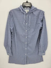 Coolibar Shirt Womens Small Blue White Gingham Check Button Up Hooded UPF 50+