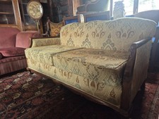 A Fab Vintage 1930 Art Deco Sily Damask Blues & Greens Oak Frame Two Seater Sofa