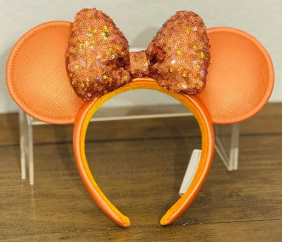 NUEVO Disney Minnie Mouse Orejas Melocotón Punzón Naranja Lentejuelas Coral Diadema Arco Parques Foto 4 de 4