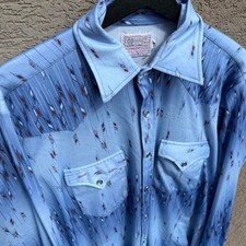 Vintage 70s h bar c western pearl snap button down blue