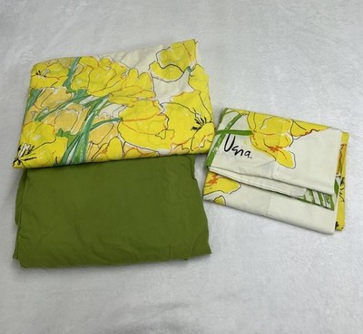 VTG Vera Neumann Twin Flat sheet/pillowcase yellow floral & fitted green sheet