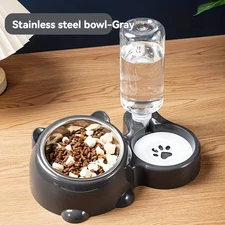 Automatic Gravity-Fed Cat & Dog Water Dispenser w Stainless Steel Food Bowl