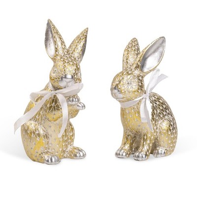 2 PCS Easter Bunny Figurines Spring Resin Gold Silver Rabbit Statue Table Decor