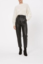 Women's Genuine Lambskin High-Waist Leather Pants Black Slim Fit Trousers Pant