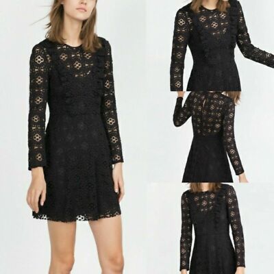 ZARA GUIPURE LACE SHORT DRESS LONG SLEEVE RUFFLE SHEER CHIC CLASSIC BLACK  XS | eBay