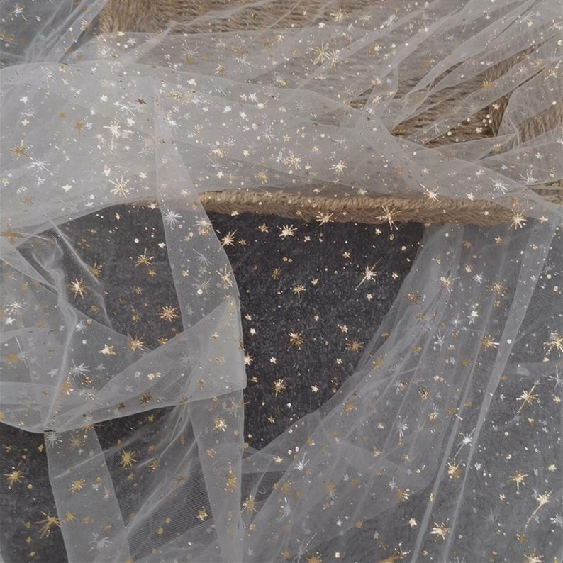 Irregular Size Gold Sequins Glued Soft Tulle Fabric - OneYard