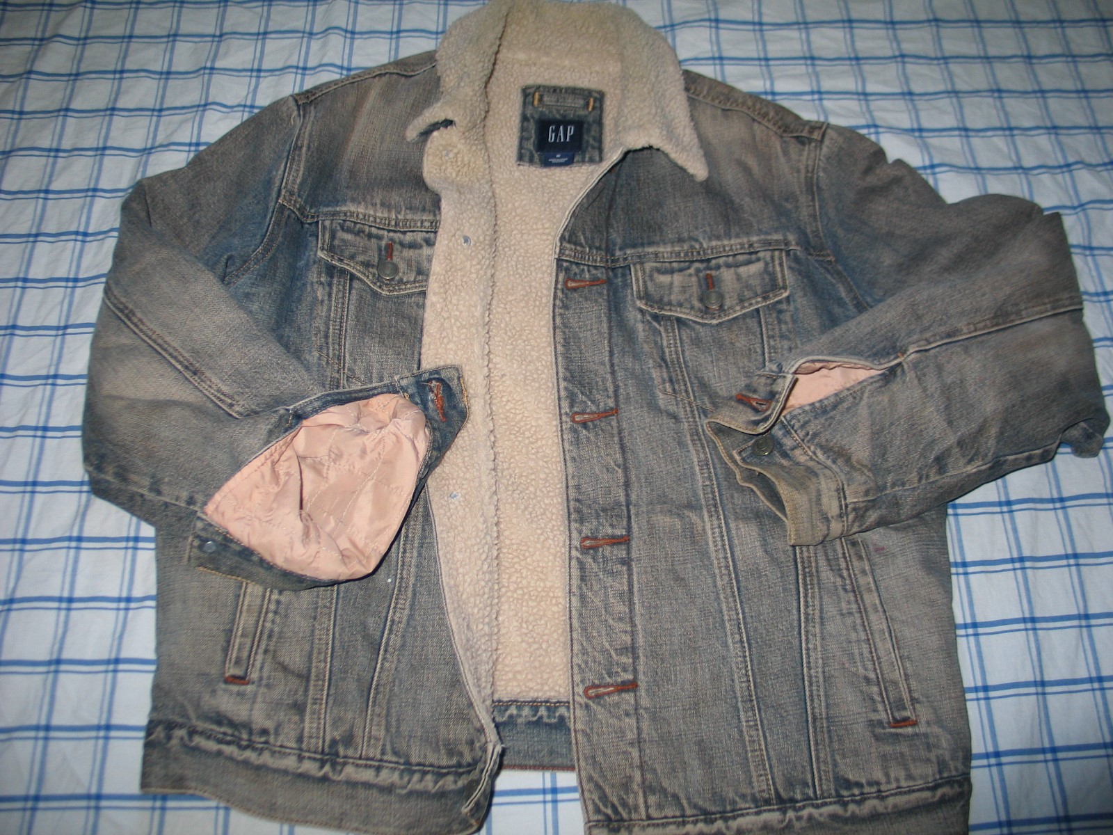 Gap Men Denim Sherpa Jean Jacket Button Front Lined M Gem