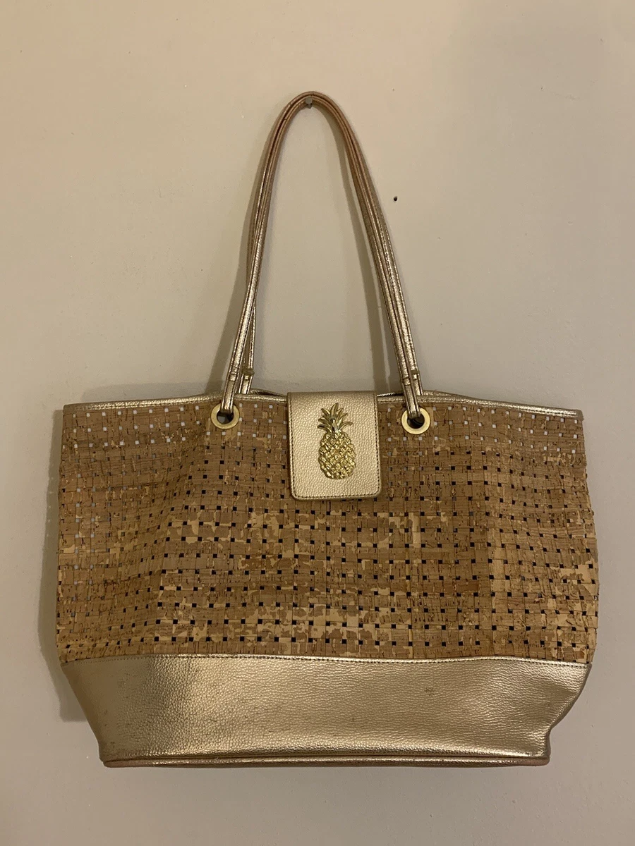 Mudpie Cork Gold Pineapple Purse Tote Beach Bag 16 X 10” AS IS INK STAIN  LINING | eBay