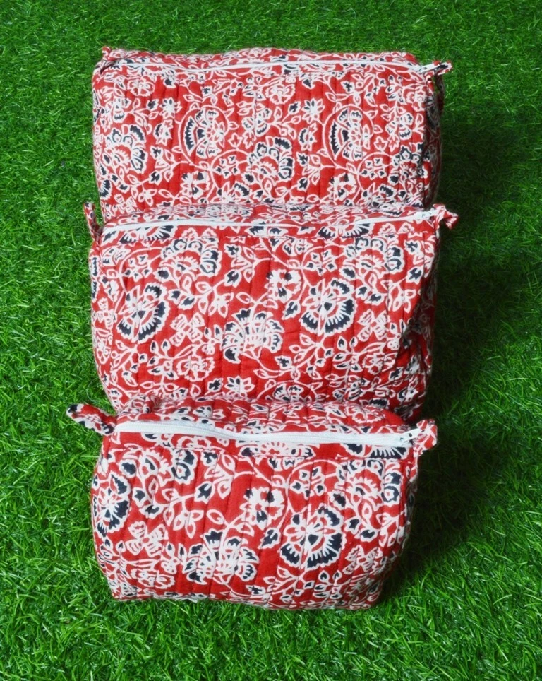 3 PC Indian Cotton Quilted One Zipper Toiletry Bags Women's Makeup Storage Case