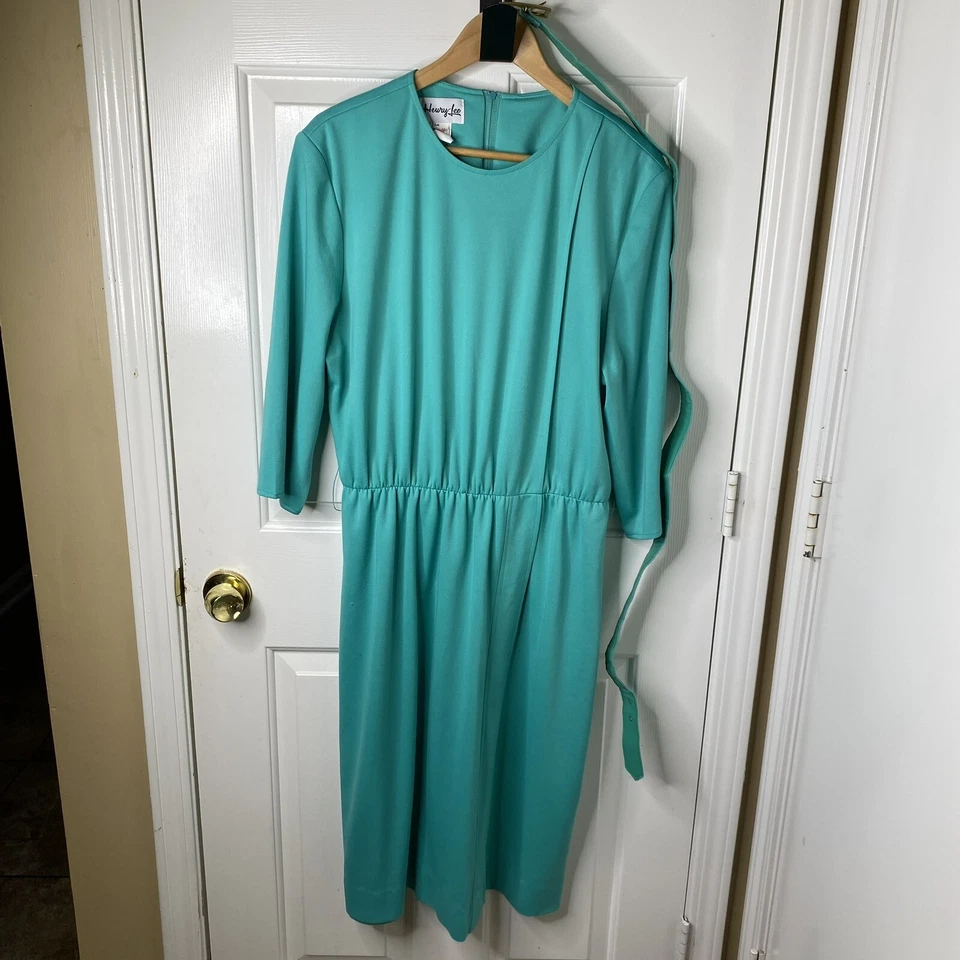 Винтажный 1970-х подпоясанный бирюзовый трикотажа Shift Mod платье Sz 18 Henry Lee - союз сделано в США - Изображение 2 из 4