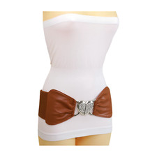 Women Brown Faux Leather Elastic Hip High Waist Belt Silver Love Hear Buckle S M