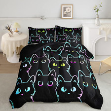 Kids Bedding Cartoon Cat Comforter Set Queen Size,Gradient Line Cute Cat Bedding