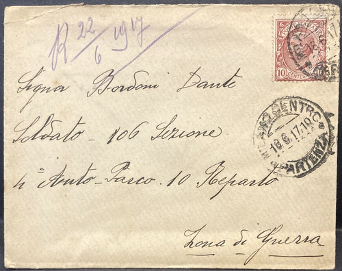 Regno 1917 WW1 busta spedita a soldato 106ma Sezione 4° Autoparco Zona di Guerra