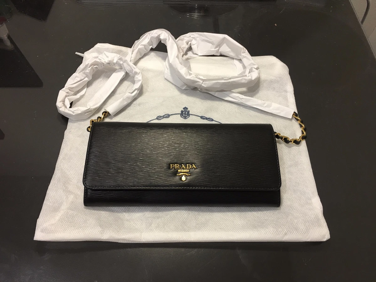 Prada Saffiano Leather Wallet With Wristlet Strap in Black