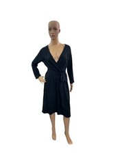 Lands End Women’s Size S (6-8) Long Sleeve V Neck Solid Black Crepe Jersey Dress