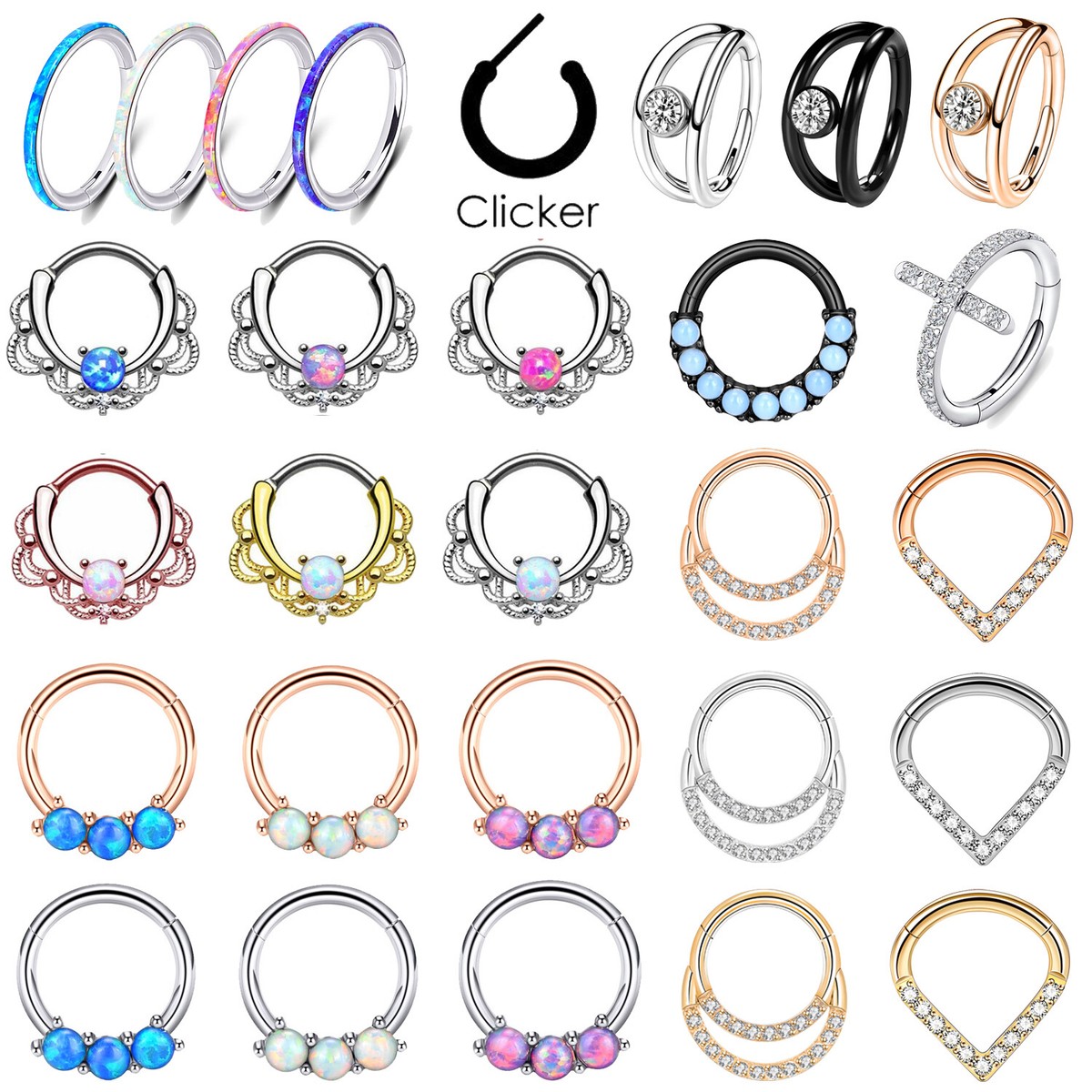 Opal Gem HINGED Segment Nose Ring Surgical Steel Septum Clicker Daith Hoop-  ONE