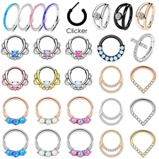 Opal Gem HINGED Segment Nose Ring Surgical Steel Septum Clicker Daith Hoop- ONE