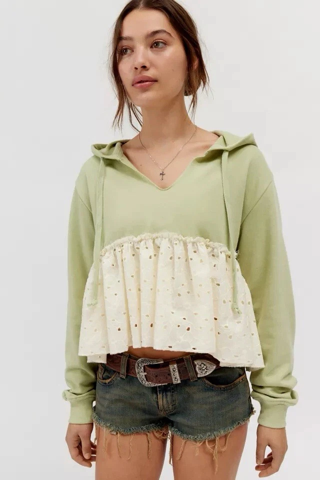 NWOT Urban Outfitters Shai Eyelet Pullover Hoodie Green Size XS