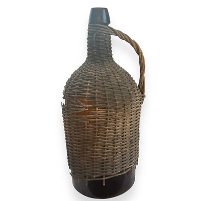 Antique Wine Bottle Jug Demijohn Carboy Glass Bottle Woven Wicker Rattan -Read