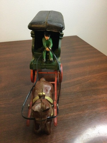 Vintage Cast Iron Brown Horse Green US Mail Buggy Wagon with Driver Pre-Owned - Picture 2 of 7