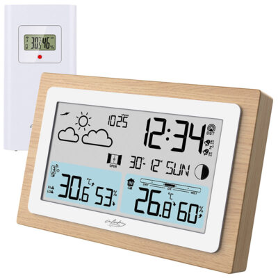 infactory Funk-Wetterstation im Echtholz-Rahmen, Wettervorhersage, Uhr, Wecker