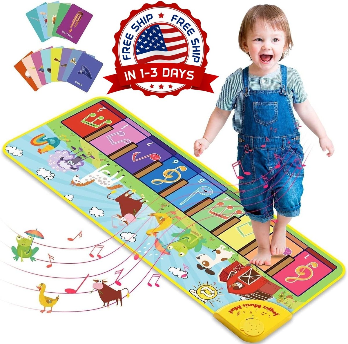 Alfombra Musical De Piano Y Batería 2 En 1 – 90x70 Cm Con 10 Animales, Juguete Sensorial Para Bebés De 1 Año