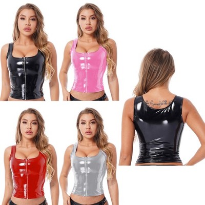 Women's Shiny Leather Wet Look Metallic Tank Crop Top Vest Clubwear Streetwear
