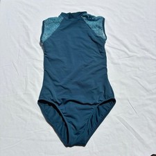Honeycut Girls XS Teal Blue Lace Mock Neck Open Back Dance Leotard Excellent