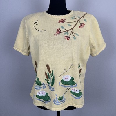 Alfred Dunner Grandma Sweater Womens Large Whimsical Frog Knit Graphic Cottage