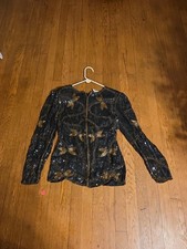 Vintage 80s Black Gold Sequin Beaded Dragonfly Glam Holiday M Blouse Top B 38