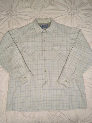 Vintage Pendleton Virgin Wool Beige Plaid USA Button Shirt Sz XL