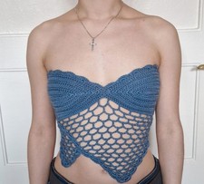 Handmade(GERMANY) Gr. XS blau Häkel Top, Nekholder, NEU, 100% Cotton, Crop Top 