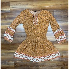 American Eagle Mustard Floral Smocked Mini Dress Long Bell Sleeve Boho Small