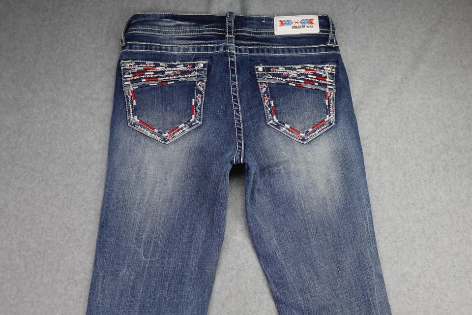 Pantalones de mezclilla GRACE IN LA para mujer 27 azules corte fácil corte bota costuras rojas EE. UU. Western Foto 4 de 4