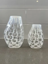 Crate & Barrel Moonstone Lacy Opalescent Art Glass Bud Vases Set of 2 Stunning